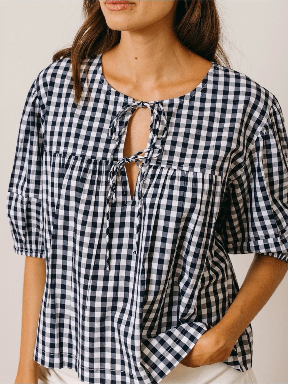 Sunshine Tienda NAVY GINGHAM MIRA TOP Tie-Front Cotton Blouse - Navy/White NWT